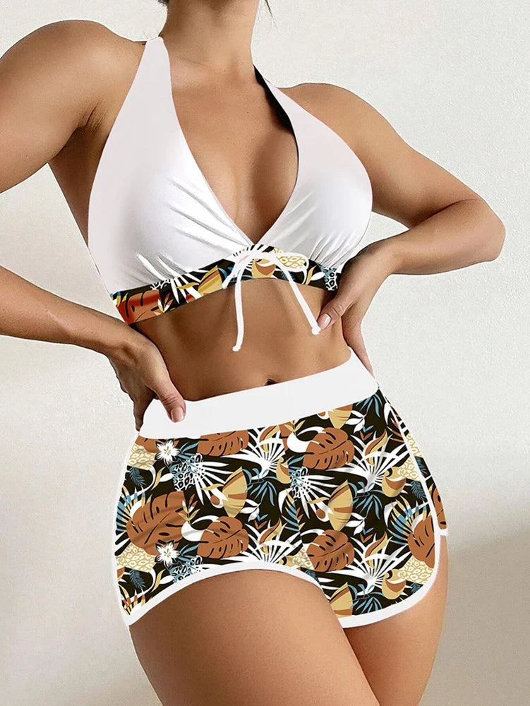 Biquíni Halter com Estampa Floral e Boxer - Jardim Tropical