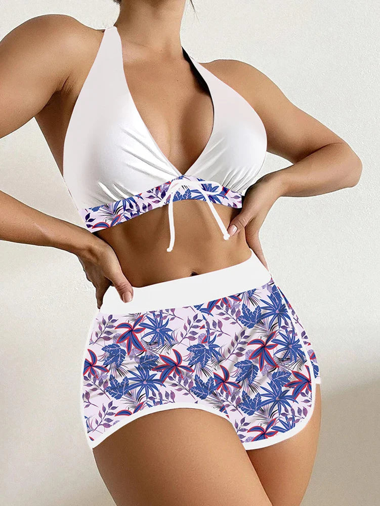 Biquíni Halter com Estampa Floral e Boxer - Jardim Tropical