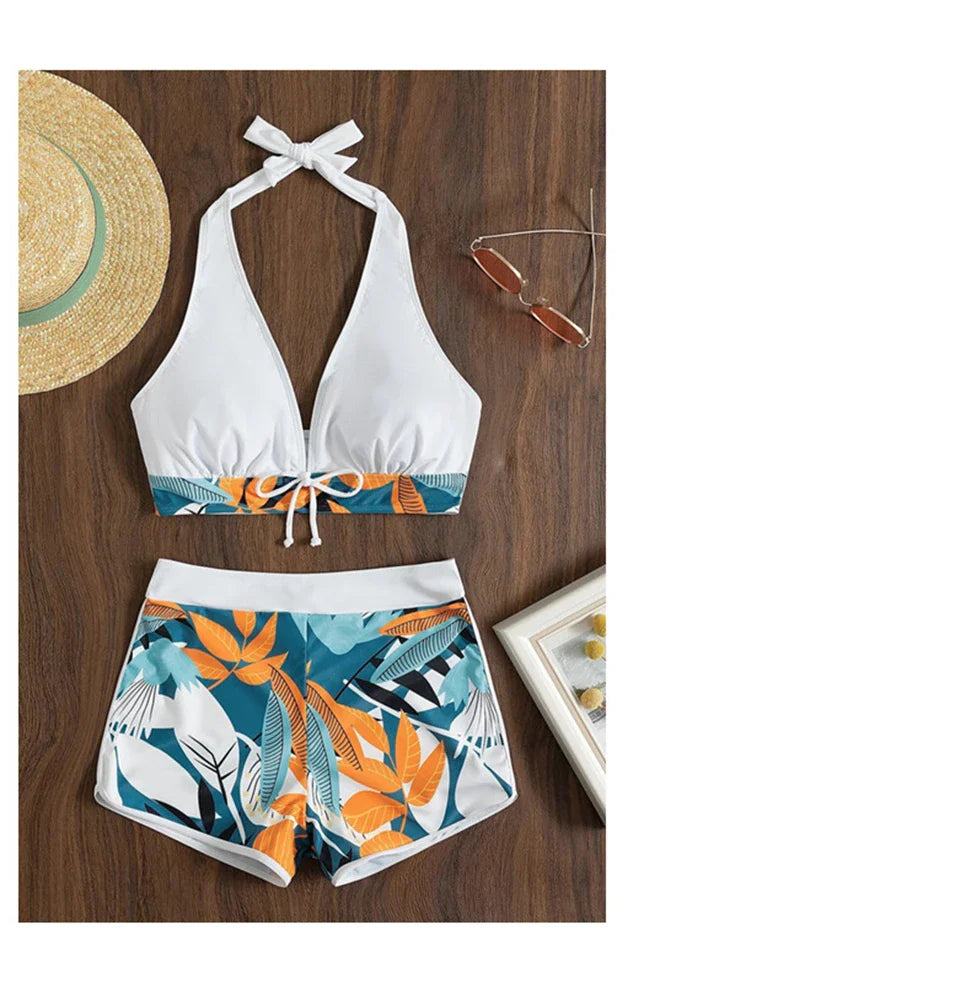 Biquíni Halter com Estampa Floral e Boxer - Jardim Tropical