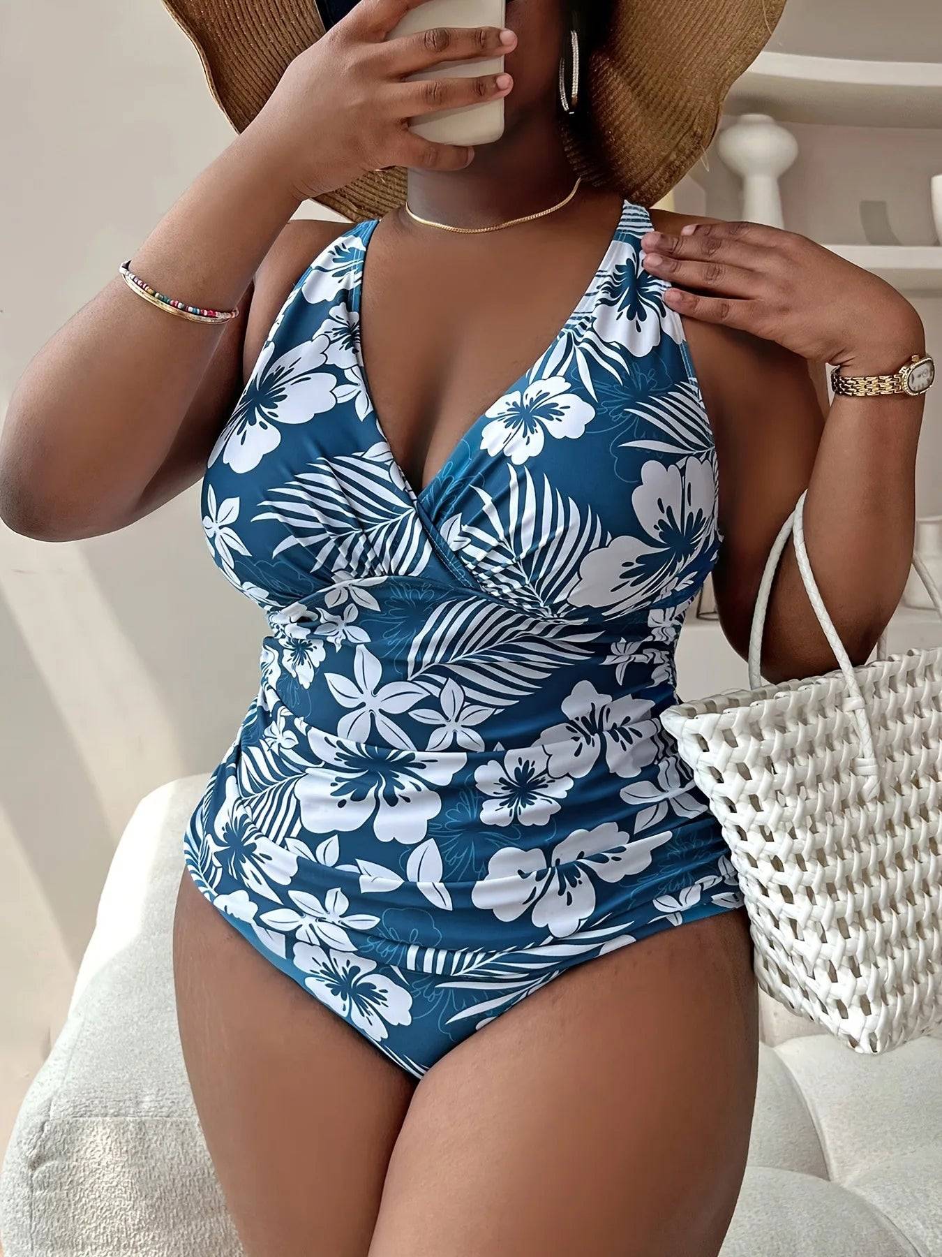 Maiô Plus Size Floral Azul