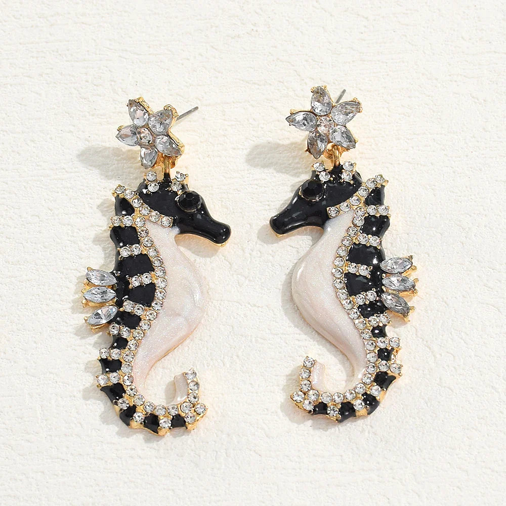 Brincos Cavalos Marinhos - Encanto Marinho com Cristais Azuis e Negros