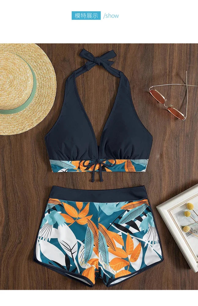Biquíni Halter com Estampa Floral e Boxer - Jardim Tropical