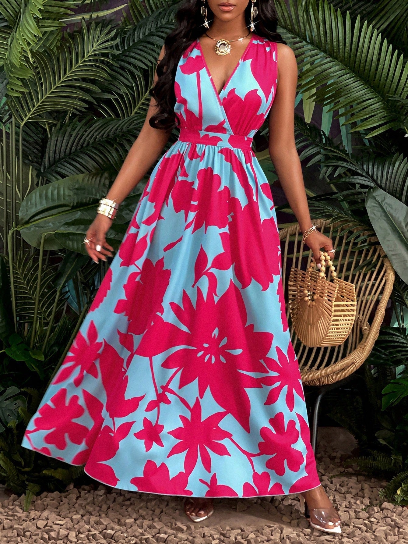 Vestido Longo Com Estampa Tropical