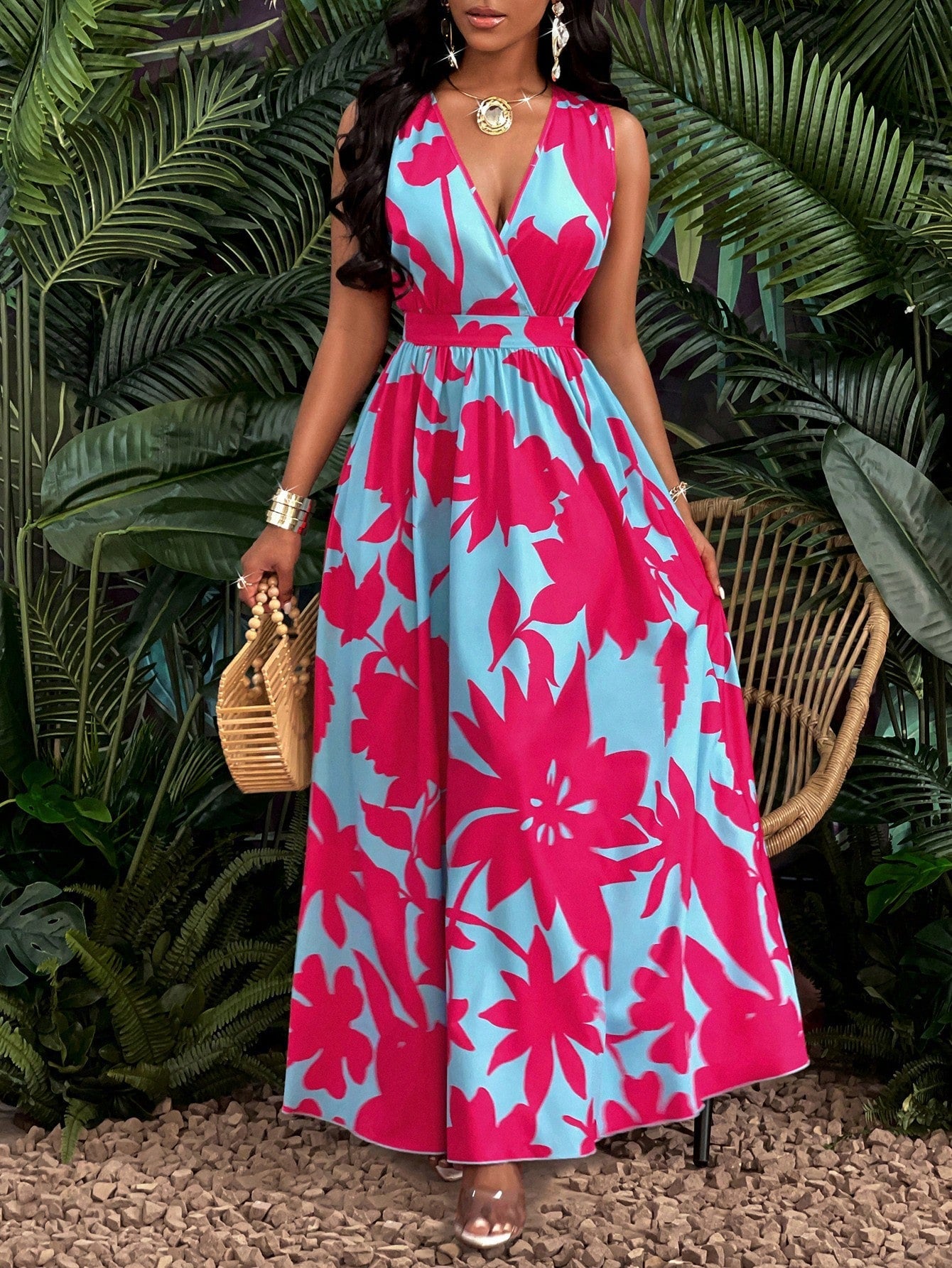 Vestido Longo Com Estampa Tropical
