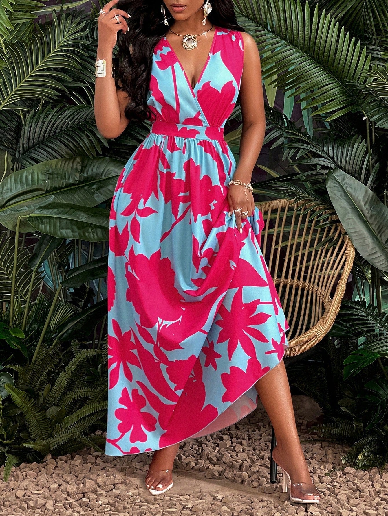 Vestido Longo Com Estampa Tropical