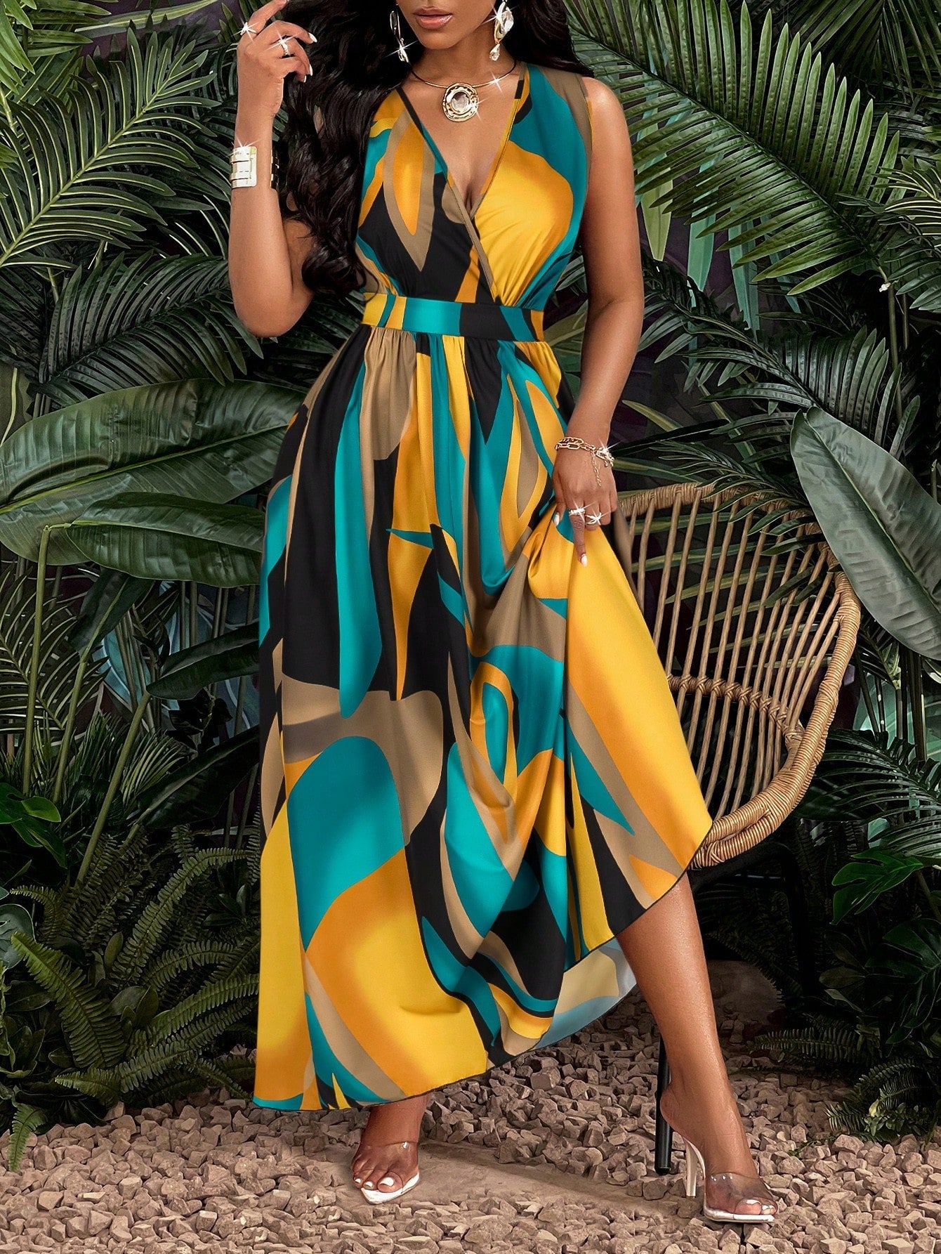 Vestido Longo Com Estampa Tropical