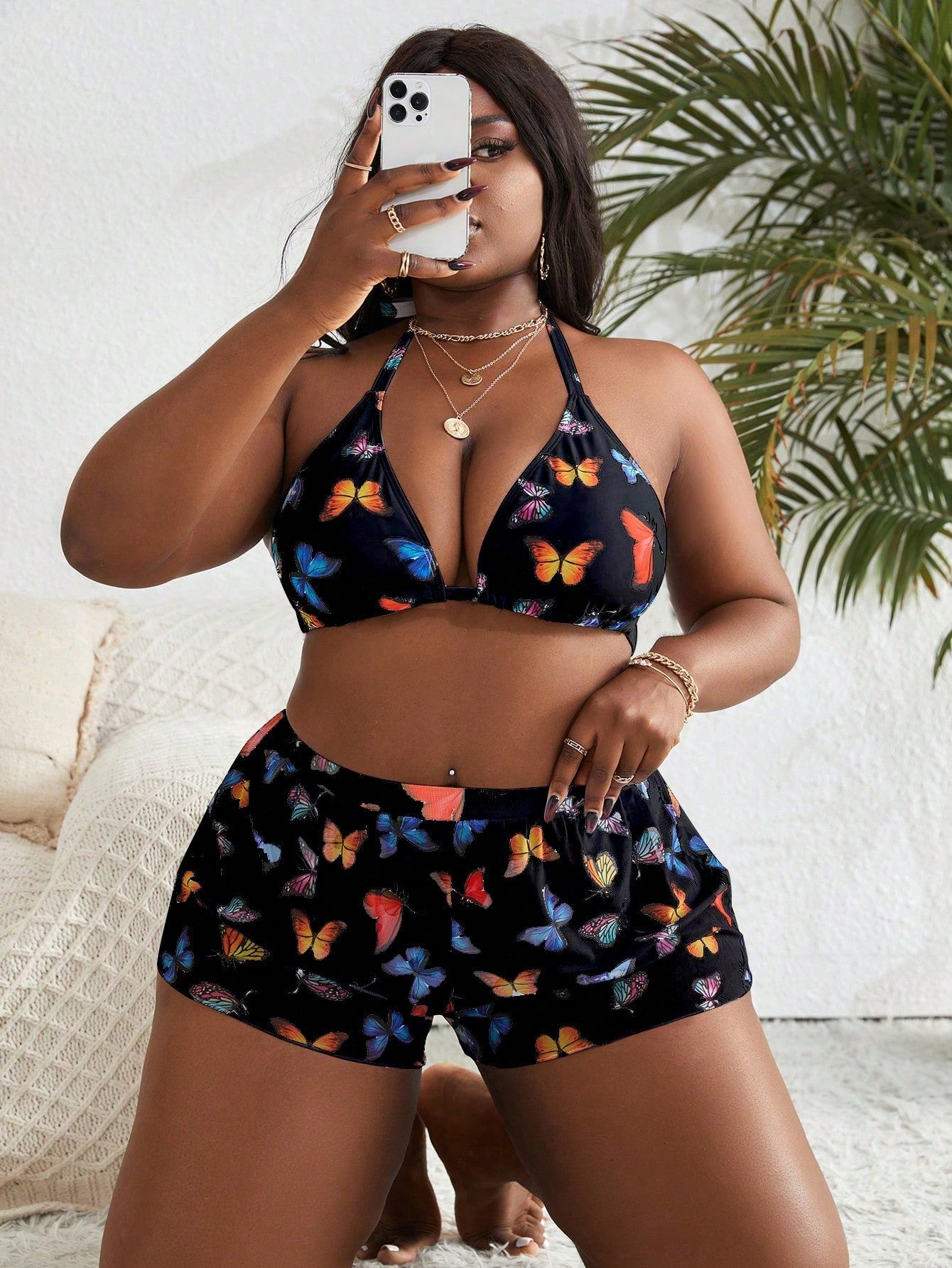 Conjunto 3 Peças Plus Size com Estampa de Borboletas e Cintura Alta