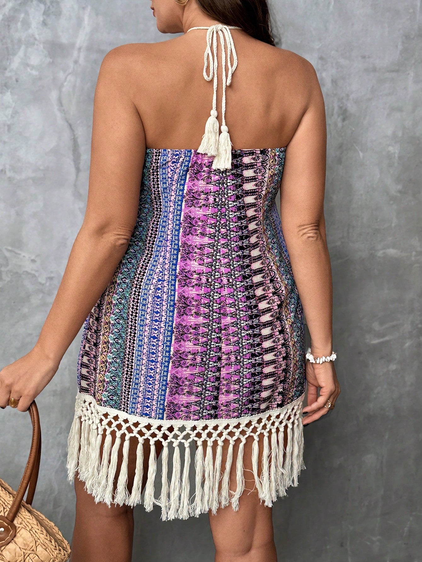 Vestido Plus Size Boho Roxo com Franja
