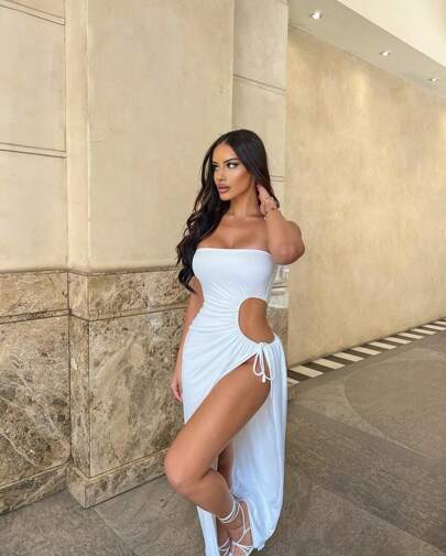 Vestido Bodysuit Bandeau com Fenda Lateral e Amarração