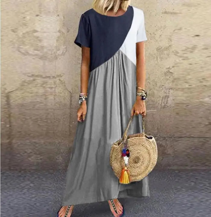 Vestido Longo - Casual Patchwork de Manga Curta
