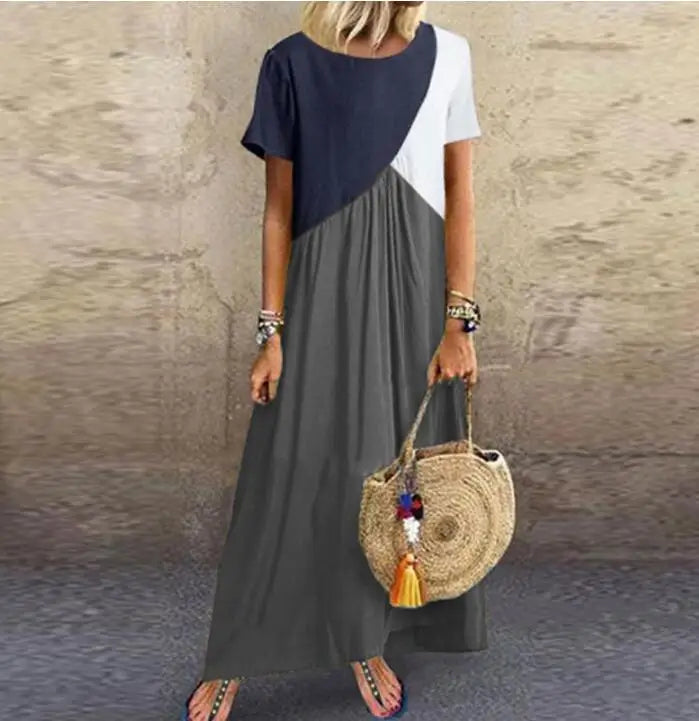Vestido Longo - Casual Patchwork de Manga Curta