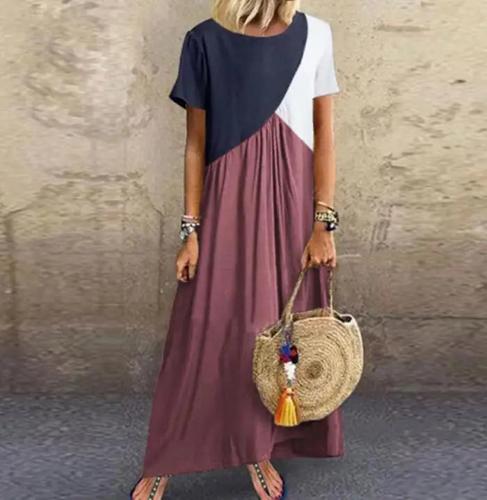 Vestido Longo - Casual Patchwork de Manga Curta