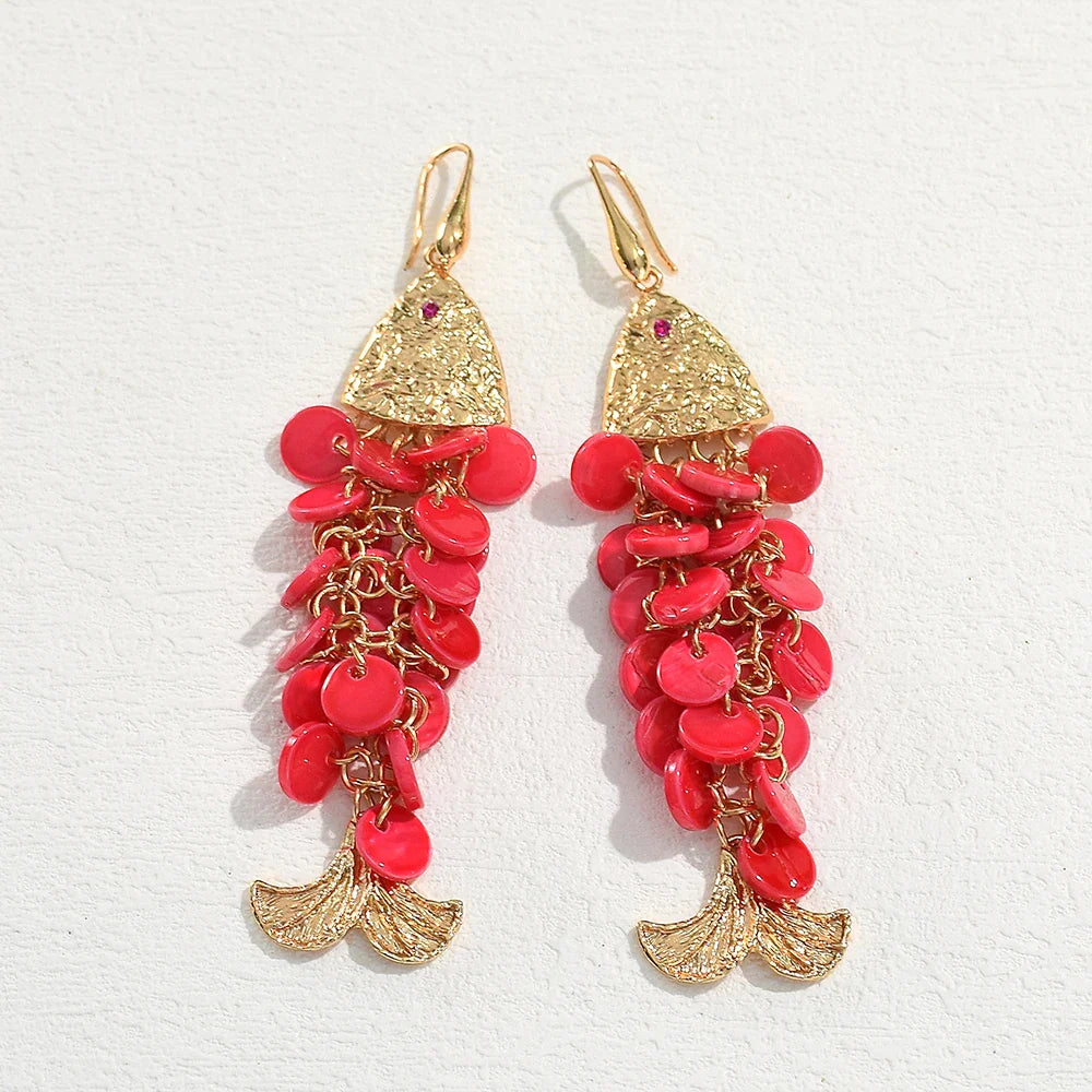Brincos Peixe Vintage com Conchas Coloridas e Franjas - Estilo Boho Chic