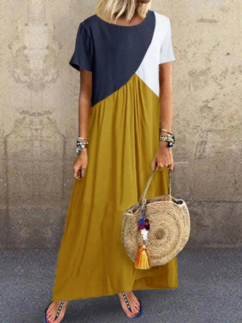 Vestido Longo - Casual Patchwork de Manga Curta