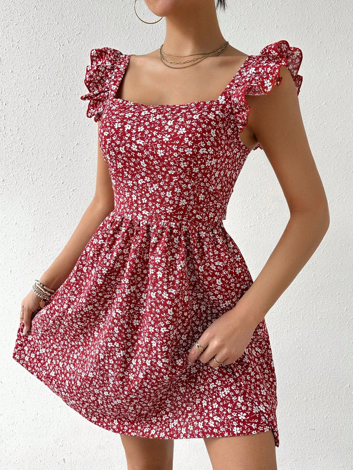 Vestido com Estampa Aleatória e Manga Curta para Férias