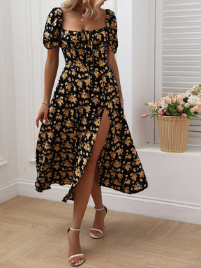 Vestido Longo Floral com Fenda e Nó