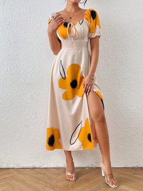 Vestido Floral Elegante com Manga Bufante e Fenda Lateral