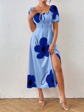 Vestido Floral Elegante com Manga Bufante e Fenda Lateral