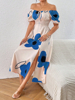 Vestido Floral Elegante com Manga Bufante e Fenda Lateral