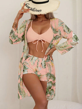 Conjunto Biquíni 3 Peças com Estampa Tropical