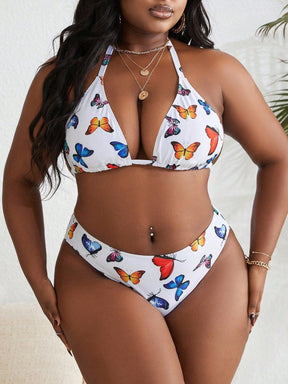 Conjunto 3 Peças Plus Size com Estampa de Borboletas e Cintura Alta