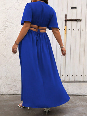 Vestido Casual Plus Size Azul Royal com Gola V Profunda