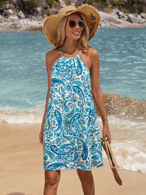 Vestido Frente-Única Boho Azul e Branco