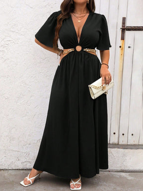 Vestido Casual Plus Size Azul Royal com Gola V Profunda