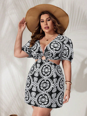 Vestido Plus Size Decote Em V Cintura Alta Vazado