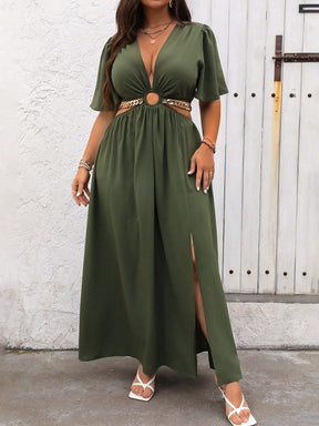 Vestido Casual Plus Size Azul Royal com Gola V Profunda