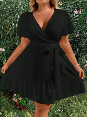 Vestido Plus Size Casual, Bainha com Babado e Manga Esvoaçante