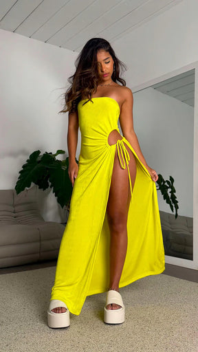 Vestido Bodysuit Bandeau com Fenda Lateral e Amarração