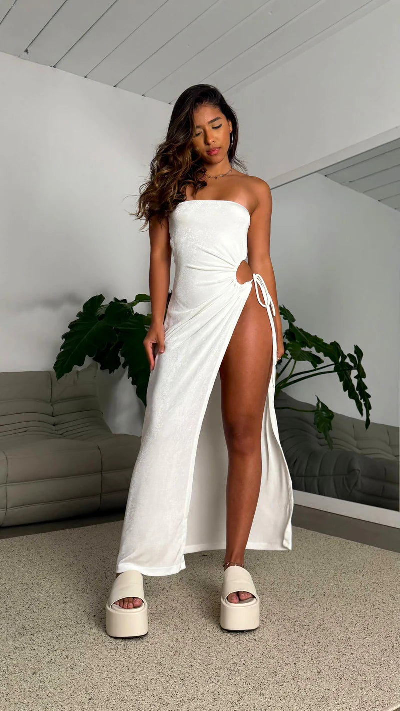 Vestido Bodysuit Bandeau com Fenda Lateral e Amarração